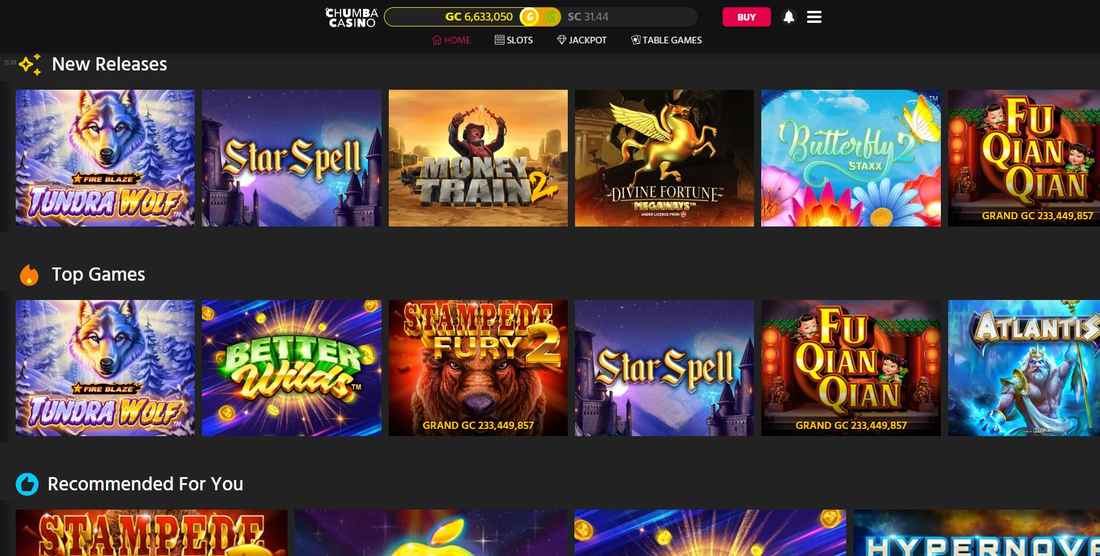 chumba casino homepage interface