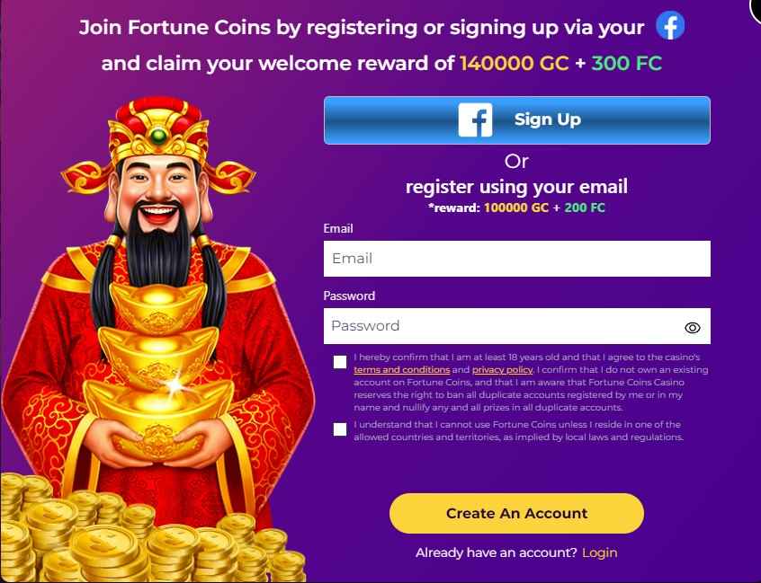 sign up form fortune coins