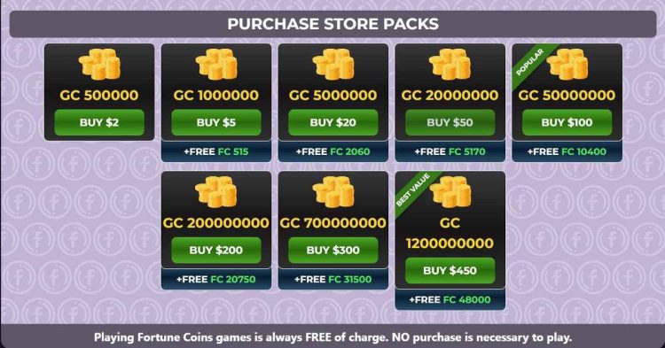 purchase store packs fortune coins