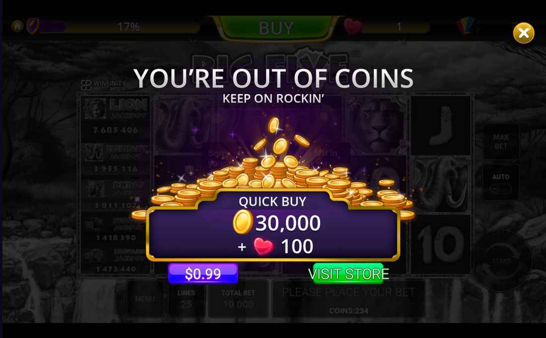 out of coins message at hard rock social casino mobile app 