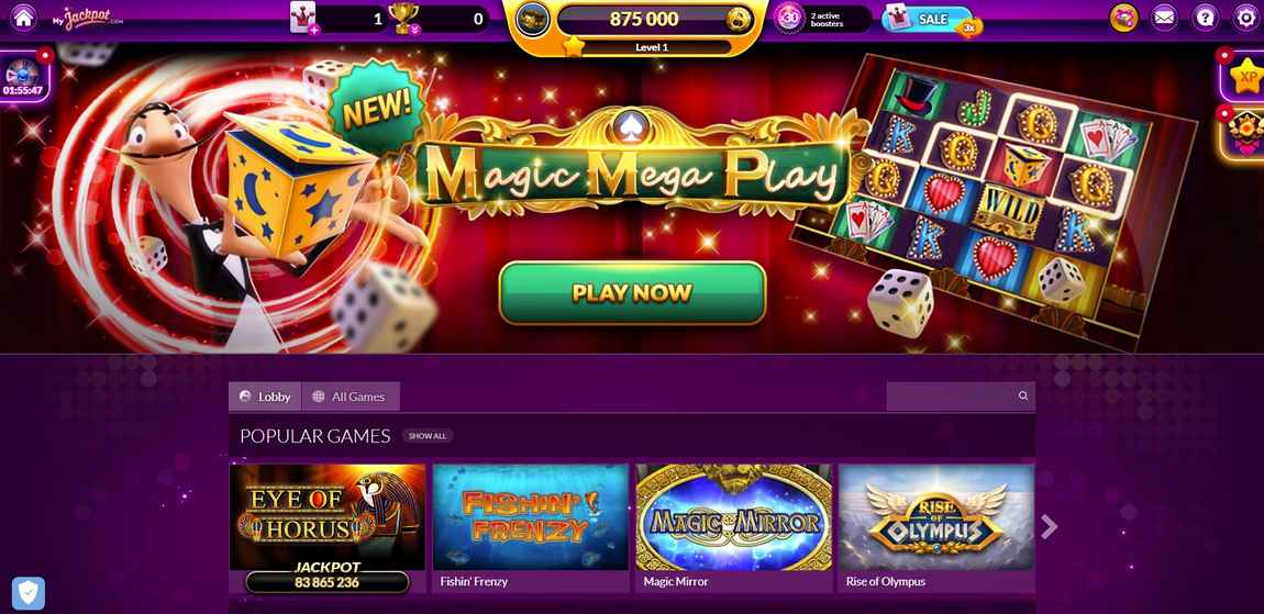 my jackpot social casino homepage interface 