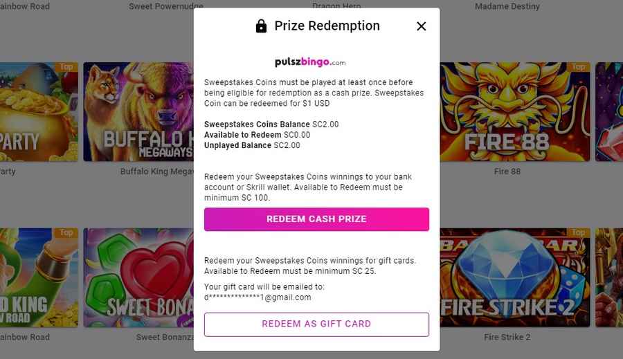 prize redemeption minimum requirement message pulsz bingo 