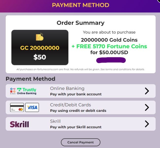 purchasing at fortune coins casino