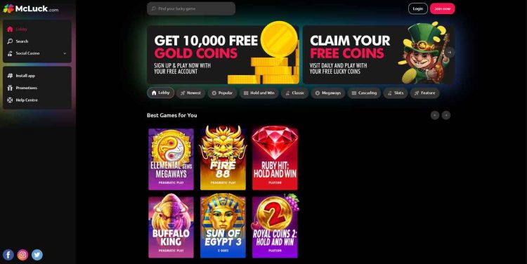 mc luck casino homepage interface 