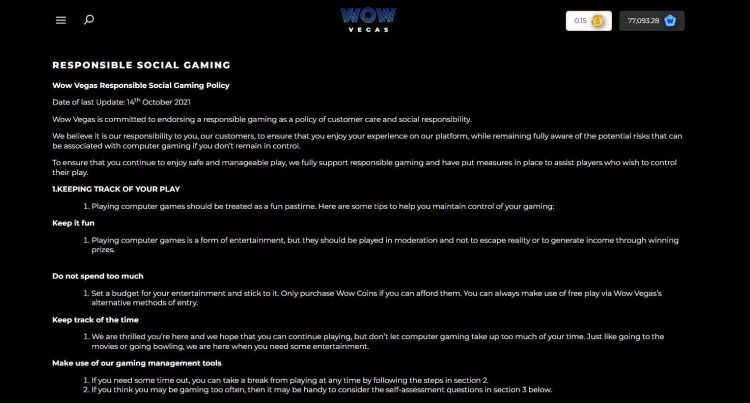 responsible gaming page wowvegas