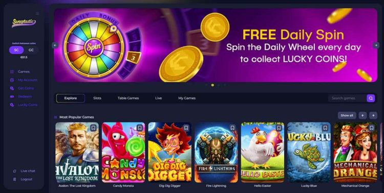 sweeptastic casino homepage interface