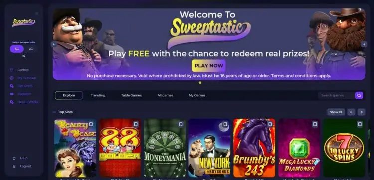sweeptastic casino homepage interface 