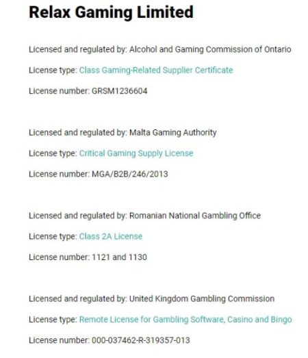 relax gaming limited license info