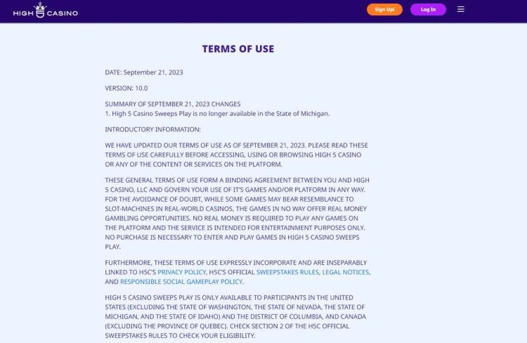 terms and conditions page high5casino