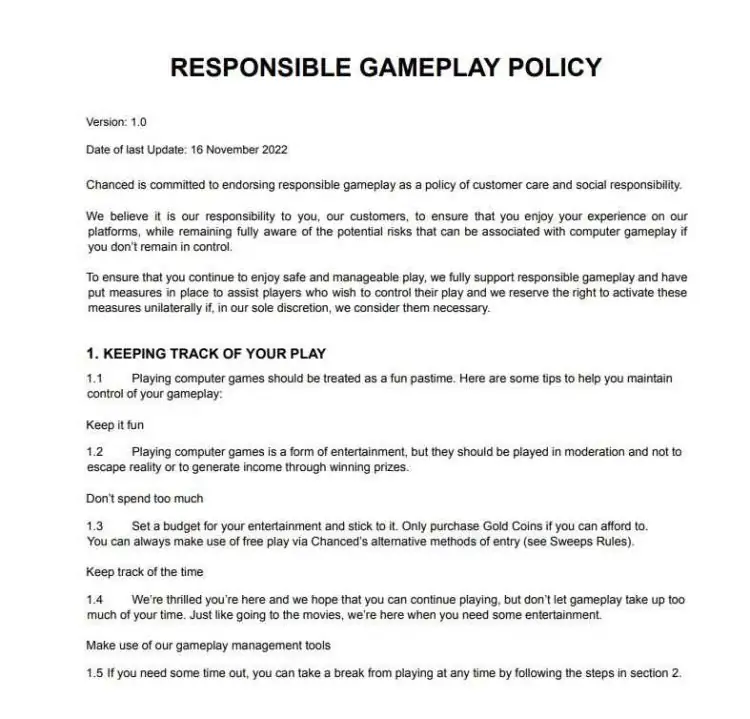 responsible gameplay policy page chanced com casino