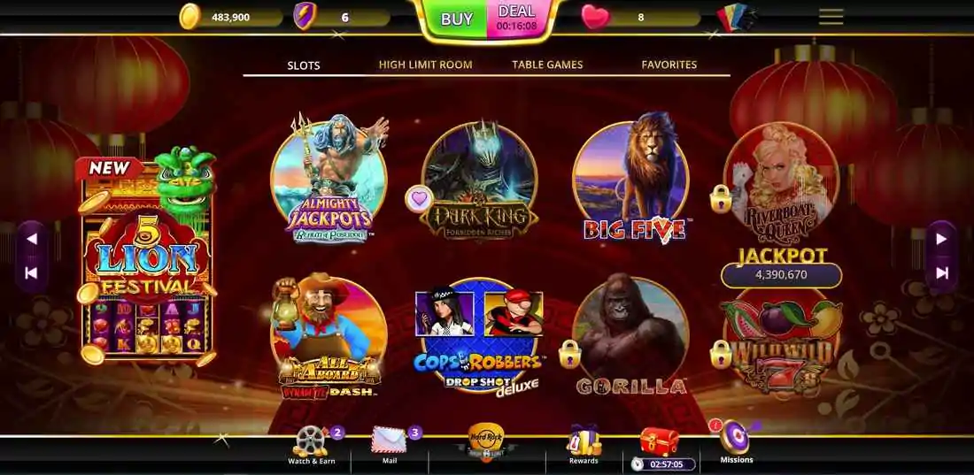 hard rock social casino homepage interface