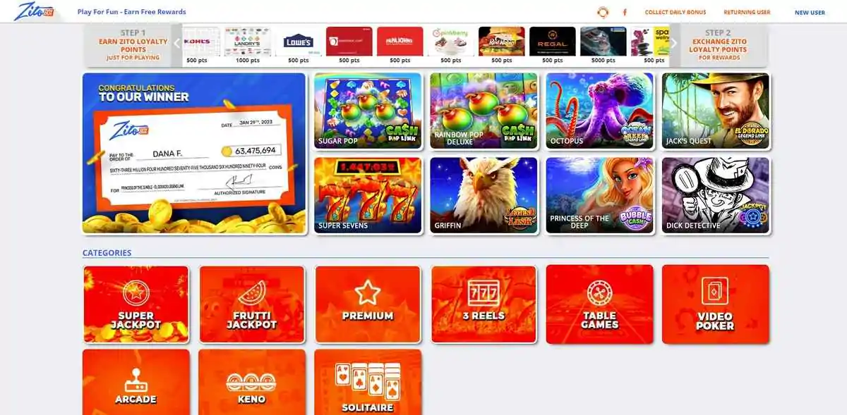 zitobox sweeps casino homepage navigation 