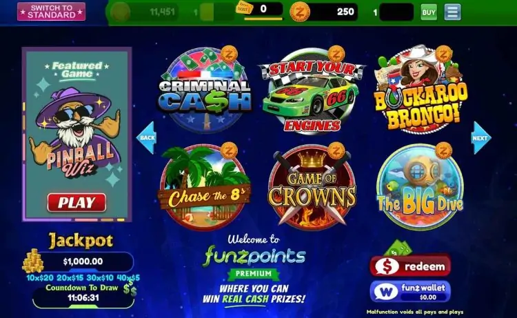 funzpoints home interface games lobby