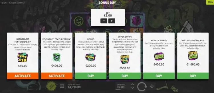 bonus buy feature options chaoscrew2 