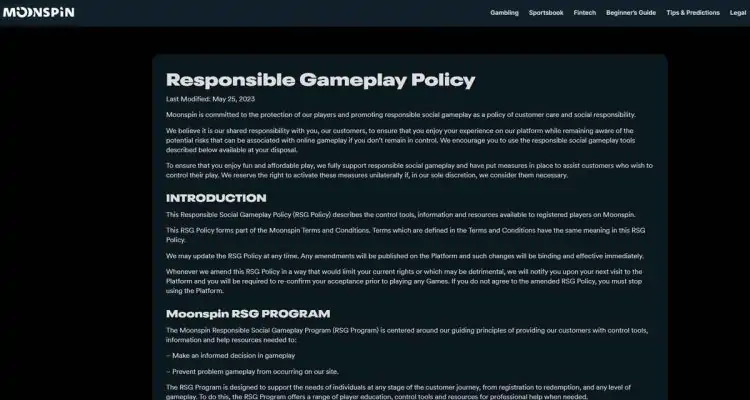 responsible gameplay policy page moonspin us